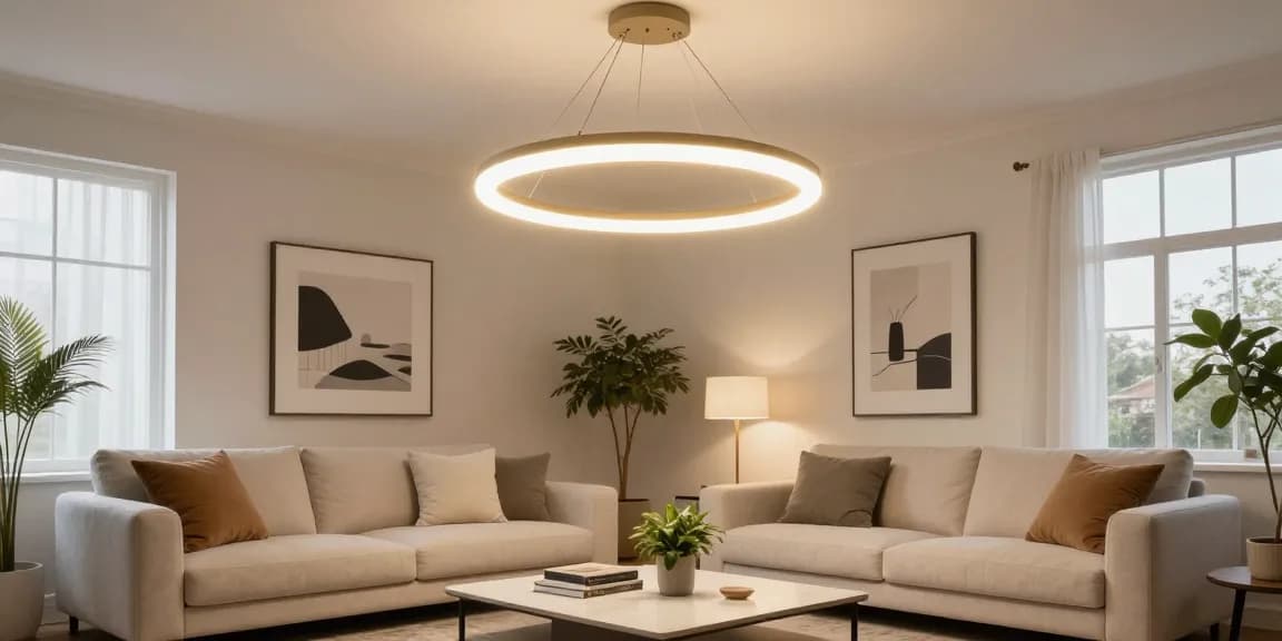 Candelabru LED elegant iluminând un living modern cu atmosferă caldă.