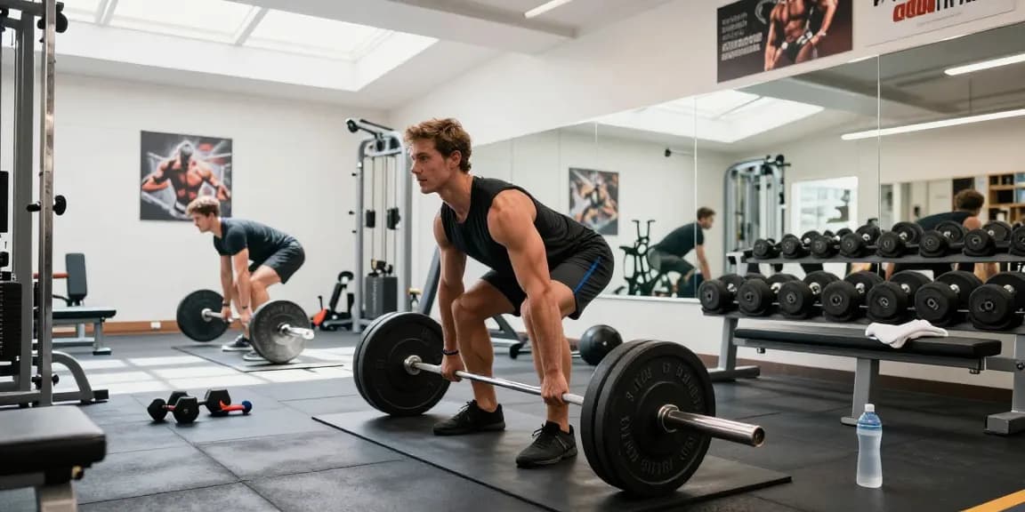Bodybuilder hebt Gewichte im Fitnessstudio und betont die Krafttrainingsprodukte von Steroidshop.