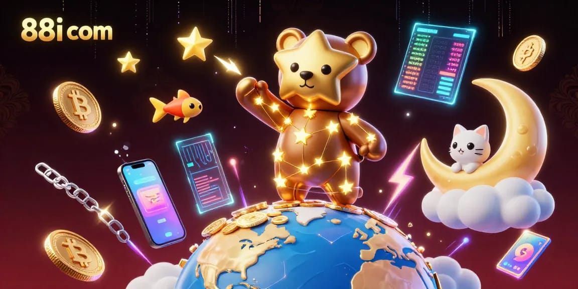 Engage in exciting gameplay at 88i com with vibrant 3D characters, crypto coins, and casino elements.