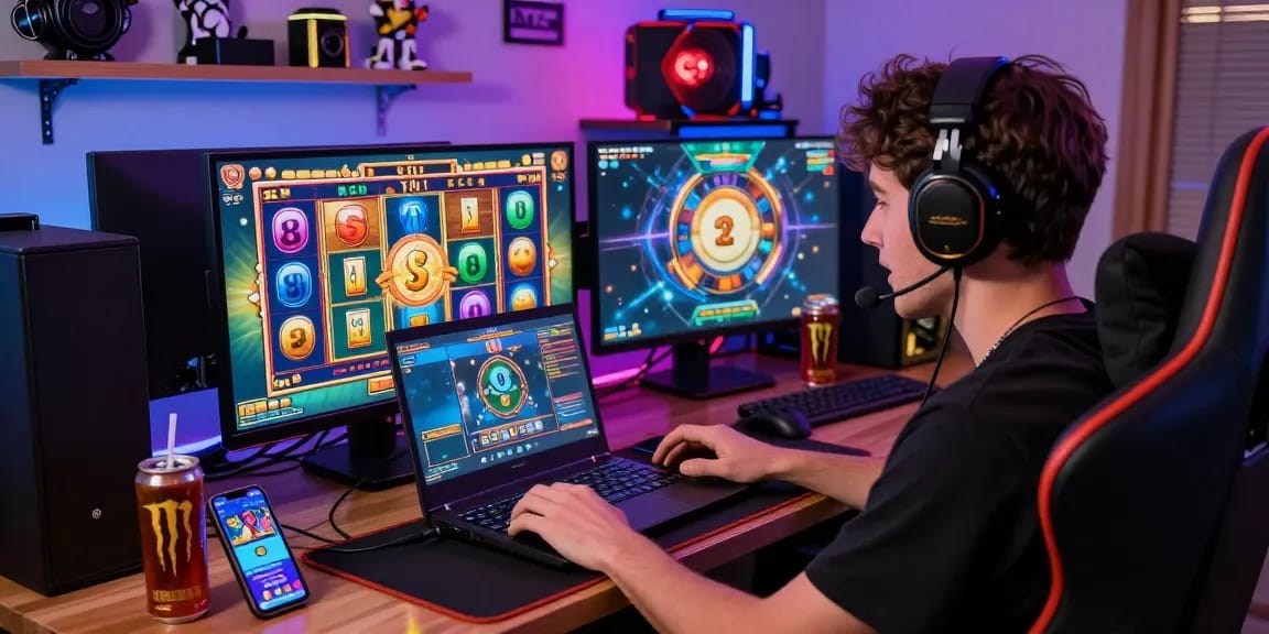 Player enjoying deposit tanpa minimal gaming experience on a laptop in an exciting home setting.