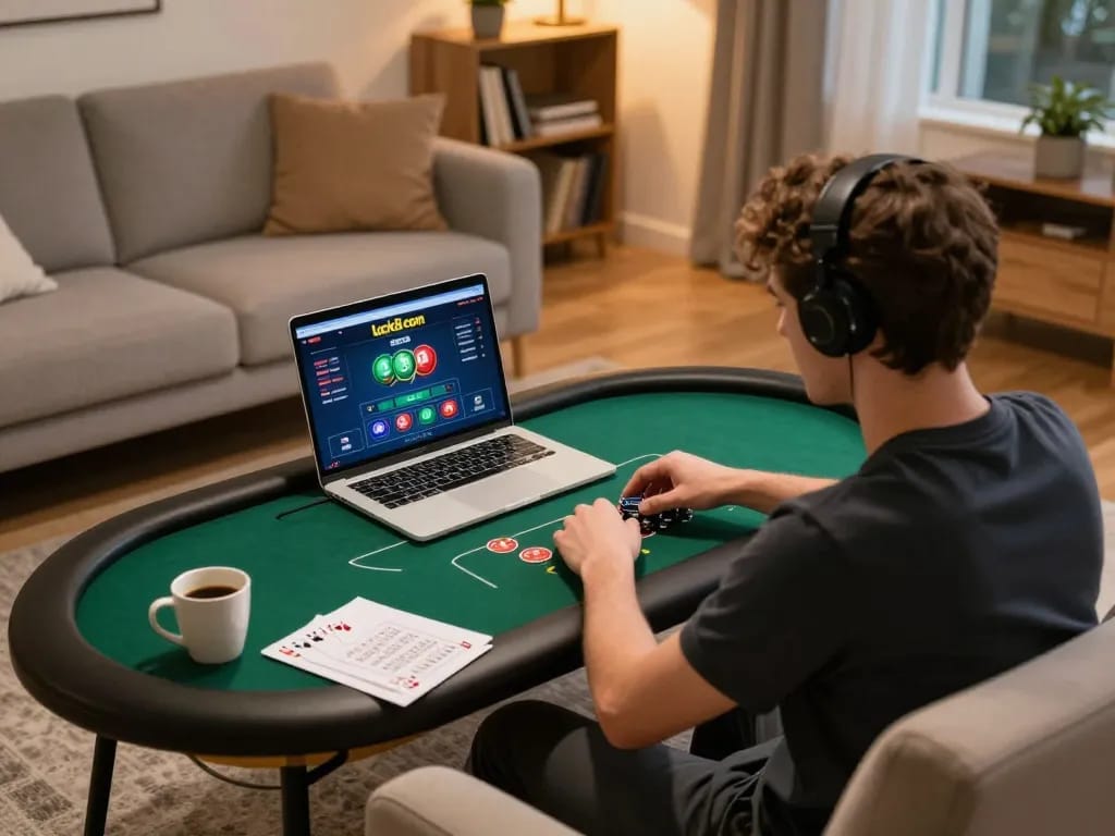 Player enjoying an intense poker game on luck8com with a laptop at home, surrounded by strategic notes.