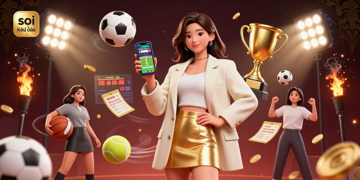 Soi kèo nhà cái highlights engaging sports betting strategies with a vibrant Asian woman showcasing a sports app amidst dynamic sports elements.