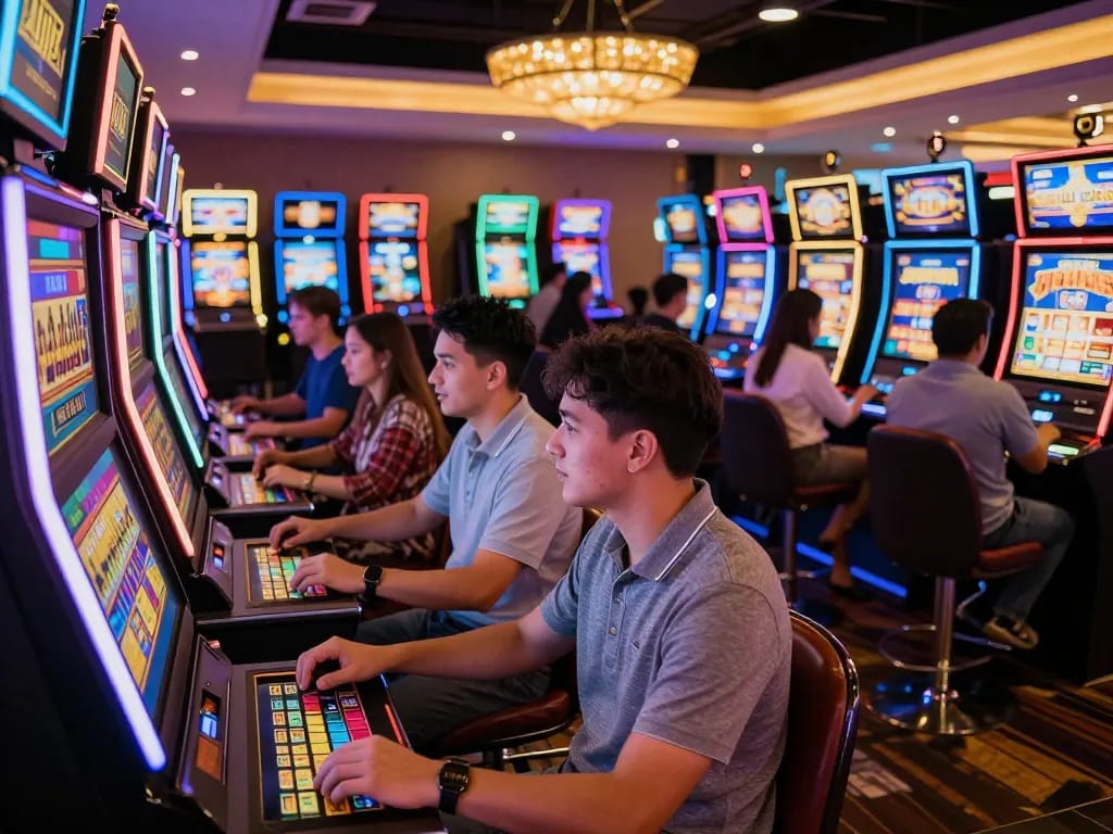 Players enjoying vibrant slot machines at TR88 casino, showcasing excitement and engagement in gaming.