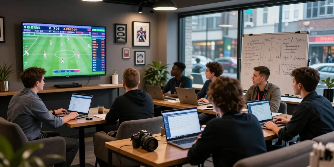 Sports analysts collaborating at soikeonhacai.com.co's modern betting lounge, showcasing live football stats and odds analysis.