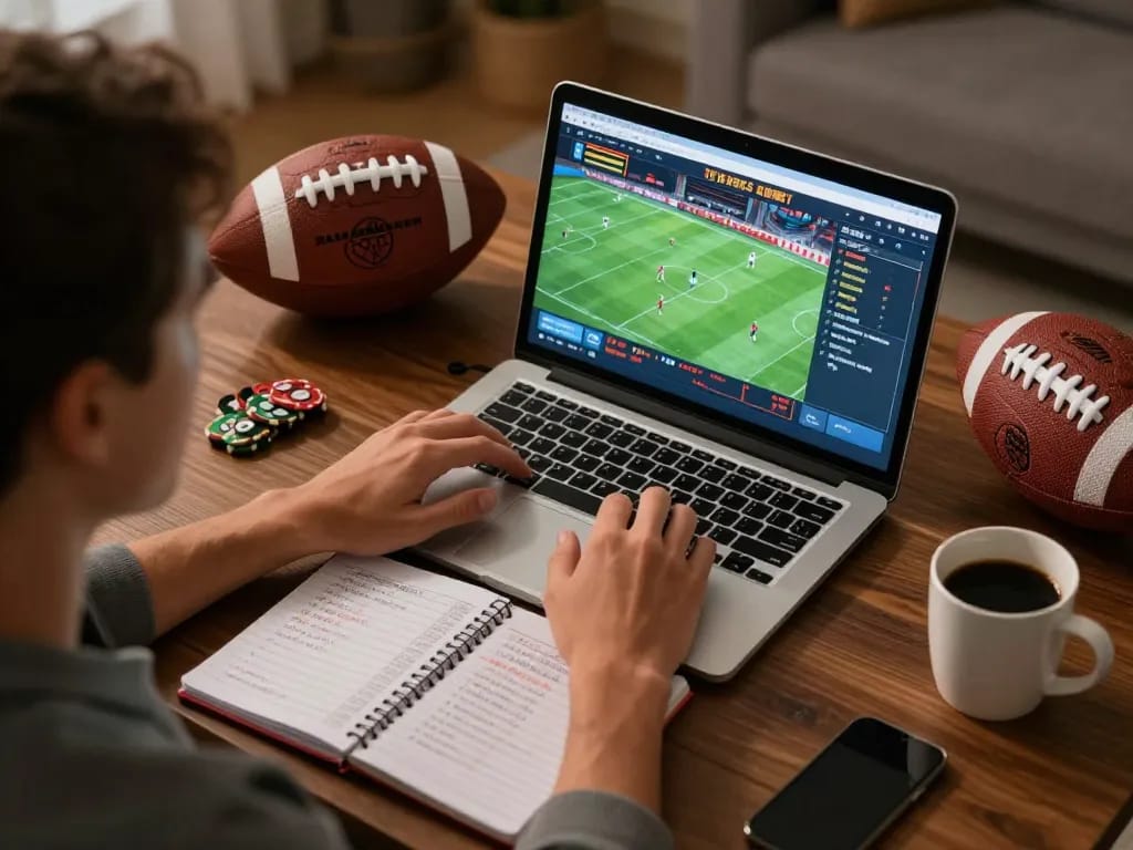 Engaged in kèo nhà cái sports betting strategy with laptop, notebook, and warm lighting.