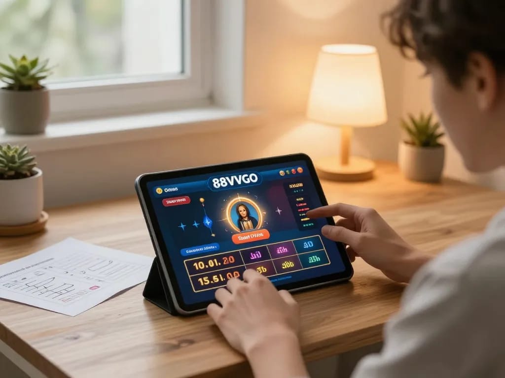 Engaging with the 88vvgo online casino on a tablet in a cozy home environment.