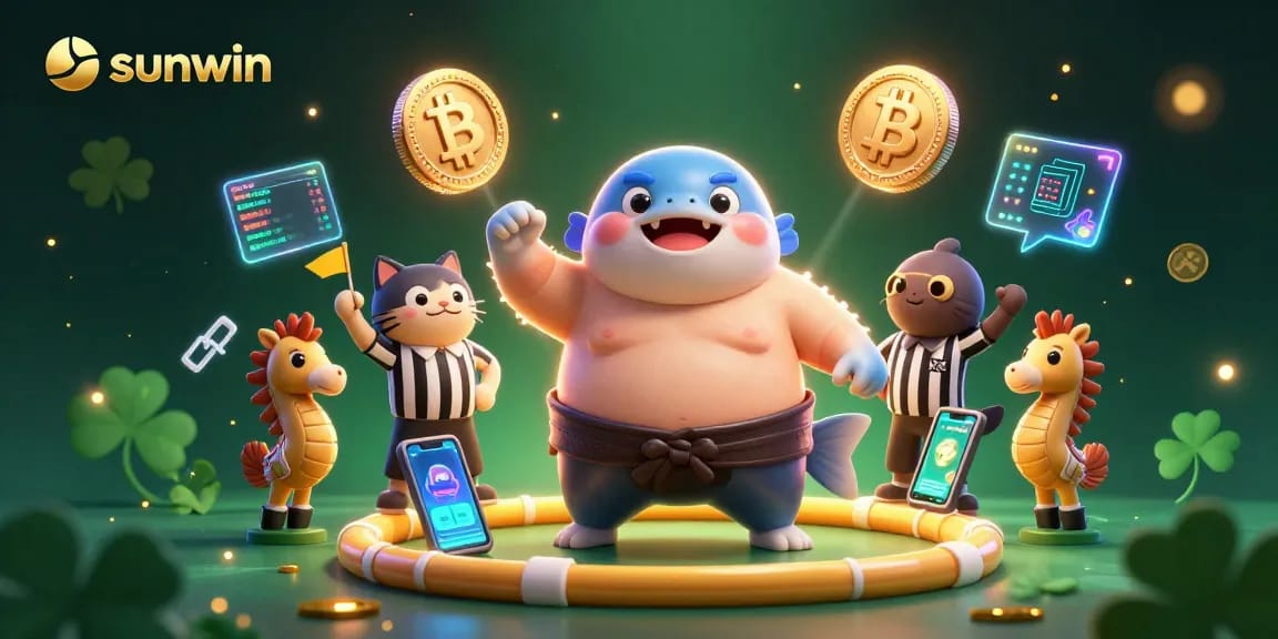 Join the sunwin adventure with a lively fugu in a sumo match under the sea, showcasing bright crypto elements.
