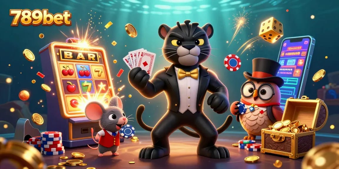 Experience thrilling games at 789bet with a black panther dealer, dazzling slot machine, and poker excitement.