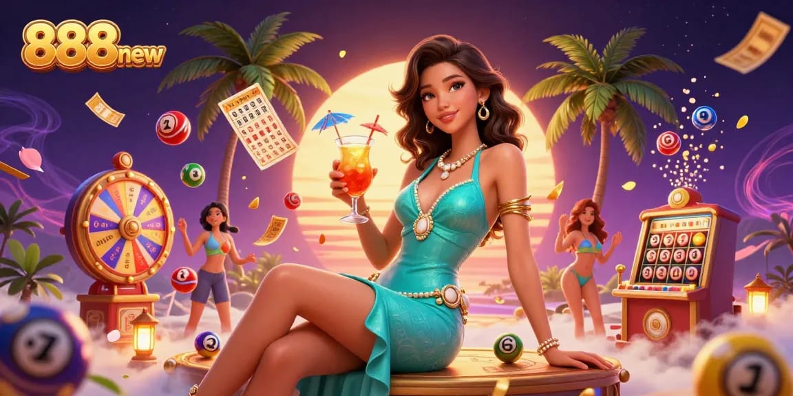 Engage with 888new in a vibrant beach casino scene, showcasing dynamic lottery balls and a glamorous cocktail.