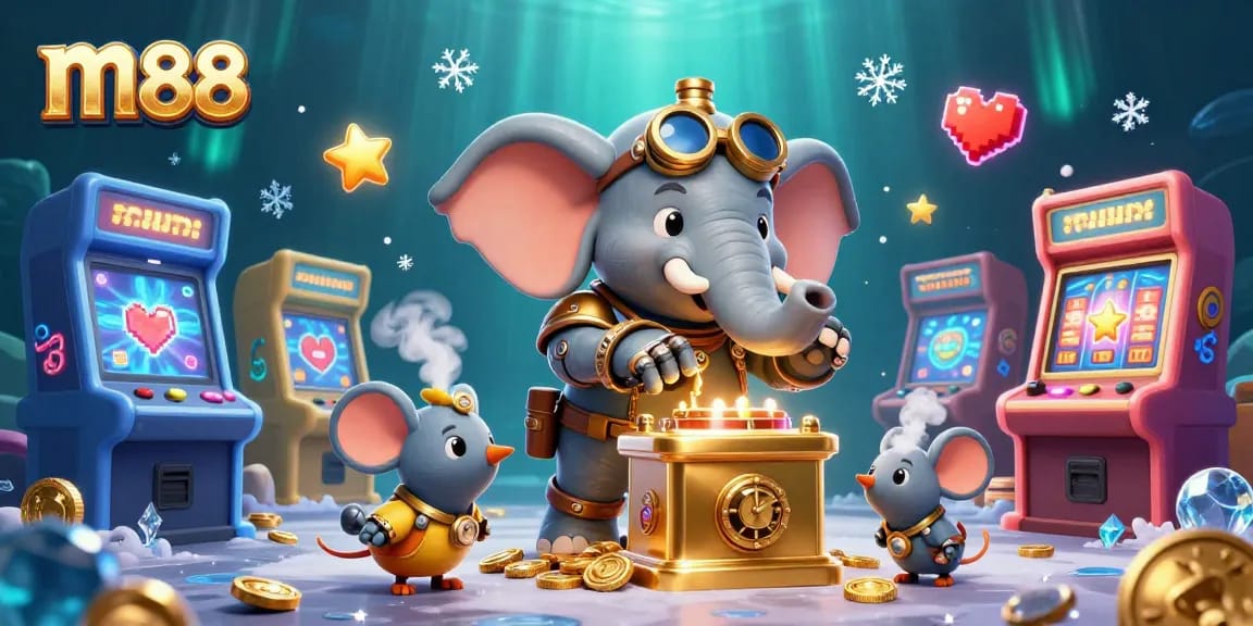 Engage in exciting gameplay with m88's vibrant casino scene featuring steampunk elements and vivid game icons.