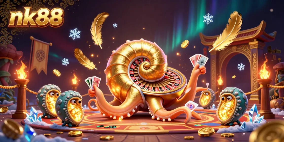 Engage with nk88’s thrilling casino experience illustrated with a giant nautilus roulette wheel and vibrant gold elements.