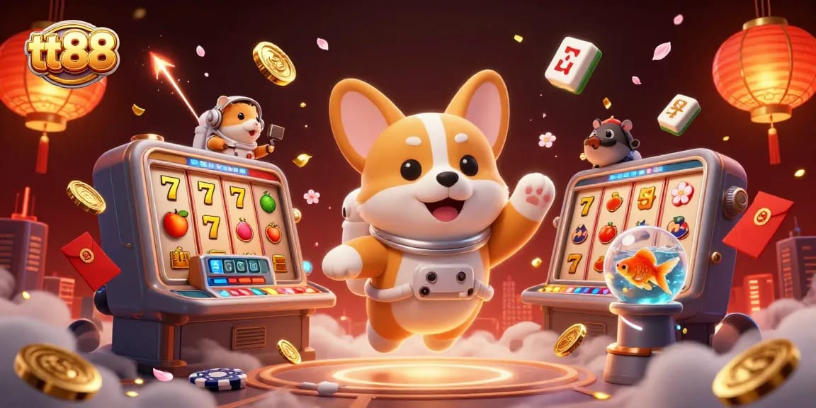 Engage with the thrilling adventures at tt88, featuring a lively casino scene with various games and animated characters.