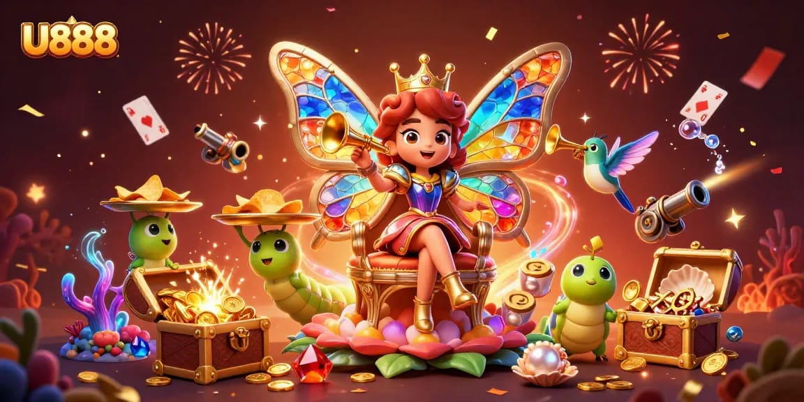 Experience thrilling casino adventures with U888's vibrant 3D illustration featuring a butterfly queen and gold coins.