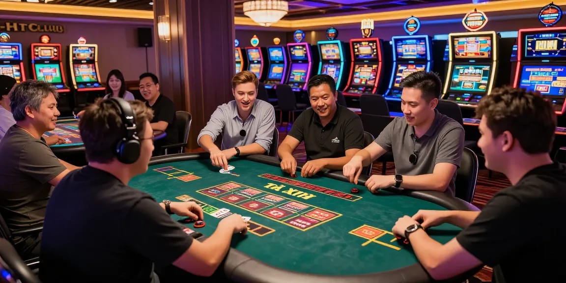 Exciting gaming atmosphere at HITCLUB, showcasing diverse players engaged in Tài Xỉu, illuminated by colorful lights and high-tech interfaces.