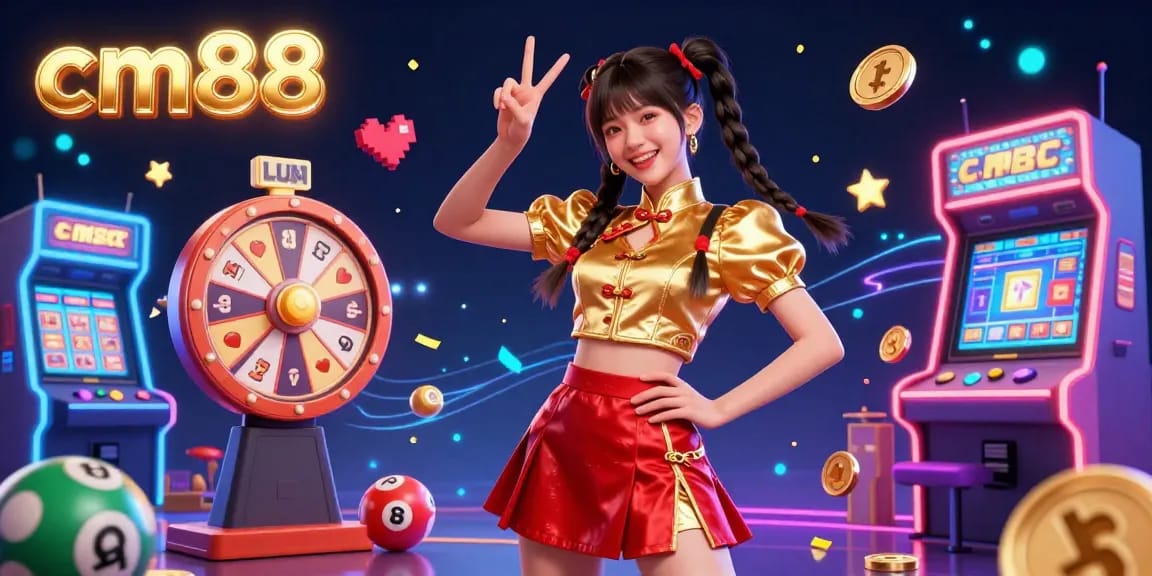 Engaging scene showcasing cm88's vibrancy with a joyful Asian woman surrounded by colorful casino elements and lively game machines.
