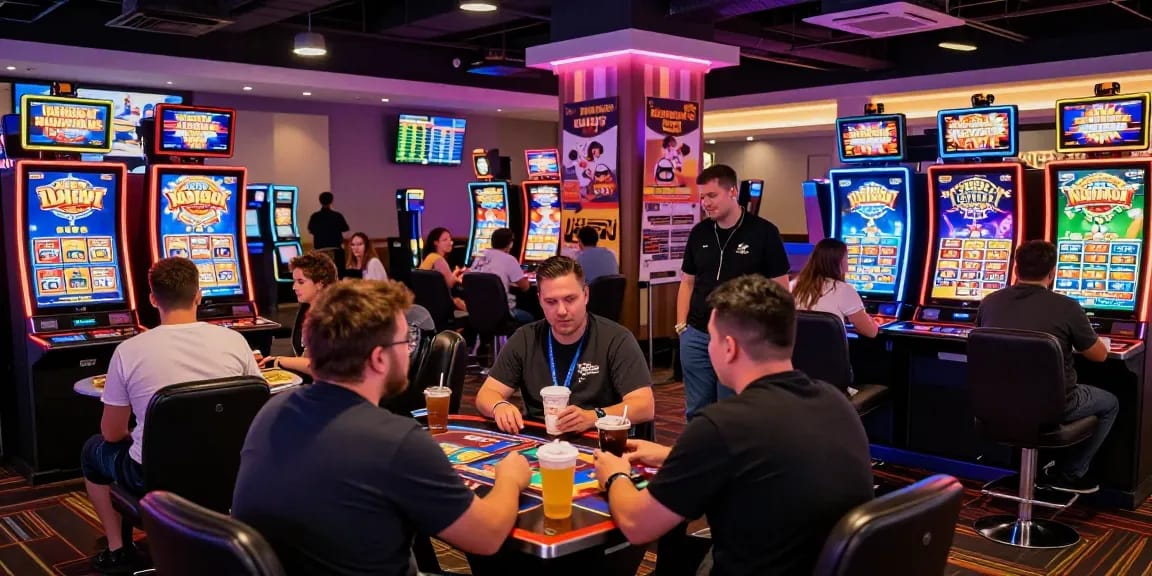 Exciting online slot gaming atmosphere with players at vibrant machines in a modern casino.