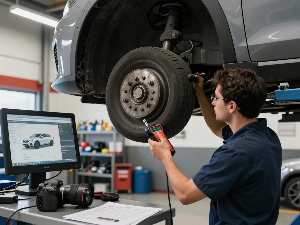 Turo inspection near me being conducted by a technician in an automotive garage, showcasing professional vehicle care.