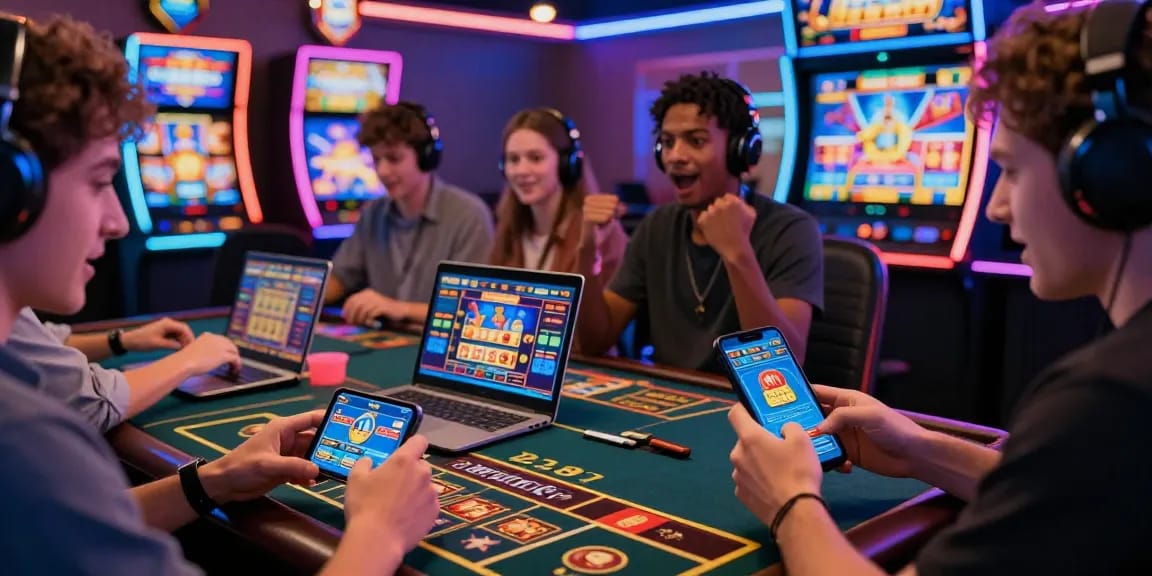 Dynamische Spielatmosphäre mit Spielern, die Geräte in einem Paysafe Card Casino verwenden, und dabei Aufregung und lebendige digitale Atmosphäre zeigen.