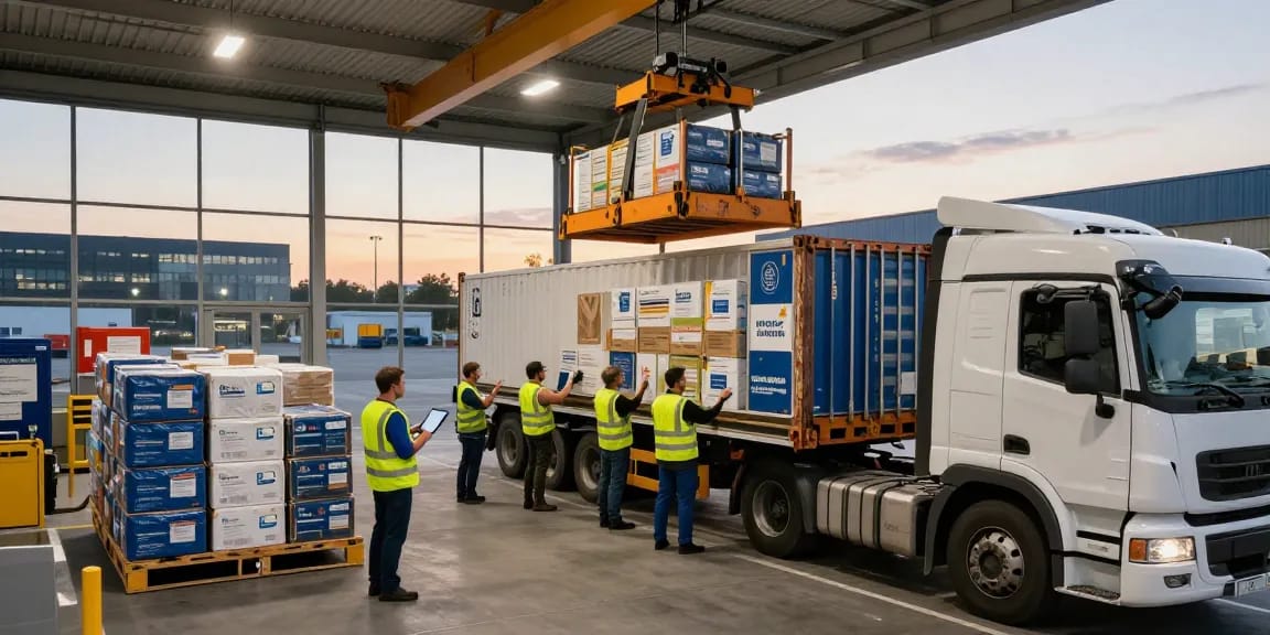 LKW Spedition in Dortmund: Logistikzentrum mit einem Unterhaltungstruck, der mit Frachtcontainern beladen wird, während ein Team von Fachleuten die Ladung überwacht.