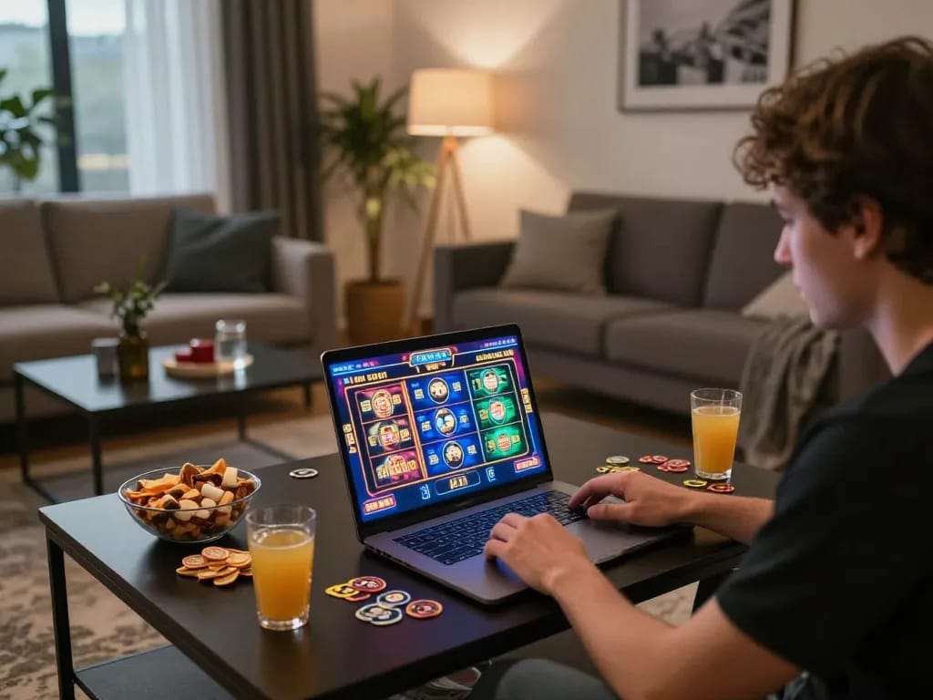 A player engages with the kwin online casino platform at home, surrounded by snacks and strategic notes.