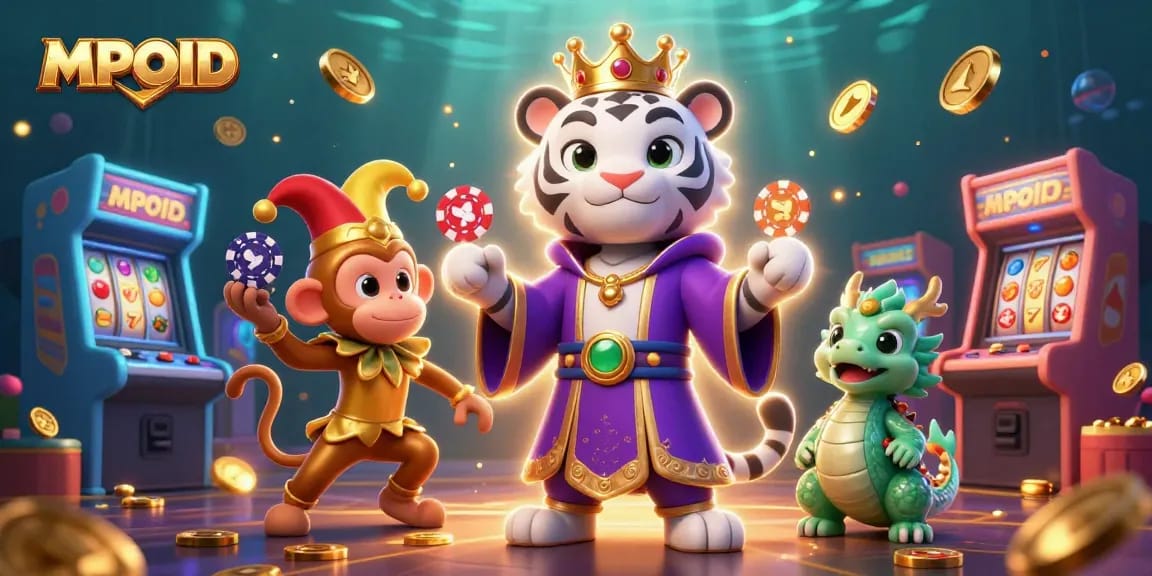 MPOID platform showcases a vibrant casino scene with playful characters and exciting game elements.