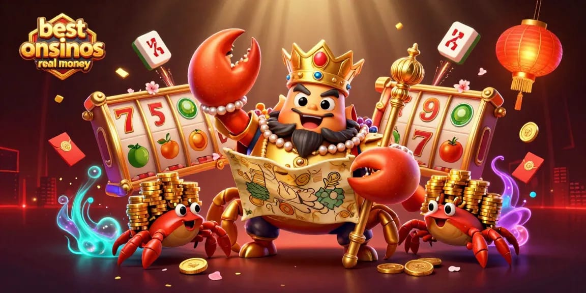 Experience the best online casinos real money with a lavish 3D casino scene featuring a golden crab emperor and vibrant game elements.