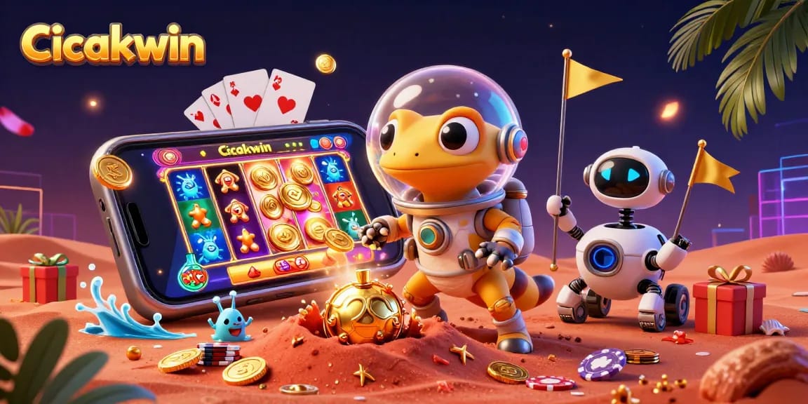 Cicakwin showcases a vibrant animated casino discovery scene, merging adventure and gaming excitement.