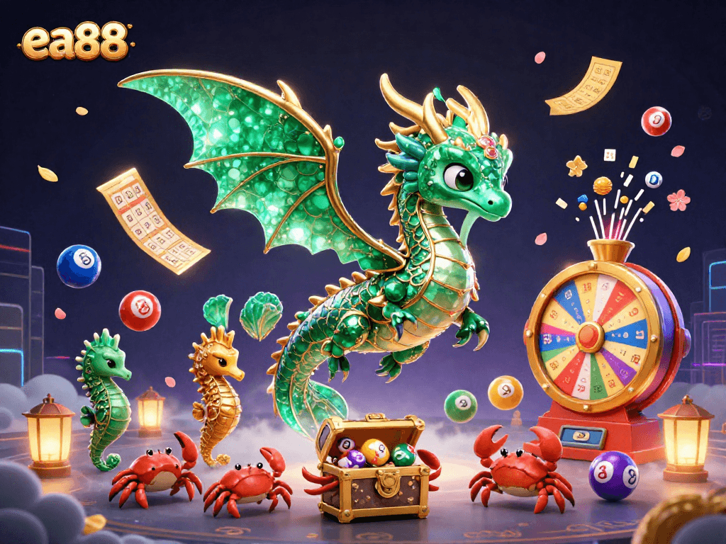 ea88 brings excitement to the table with a vibrant 3D illustration of a sea dragon and treasure, showcasing lottery action and riches.