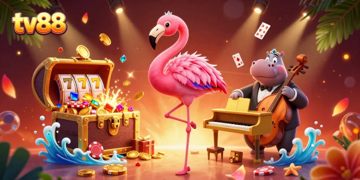 Experience the lively entertainment at tv88 with a vibrant cartoon casino illustration featuring a flamingo and hippo on a golden piano.