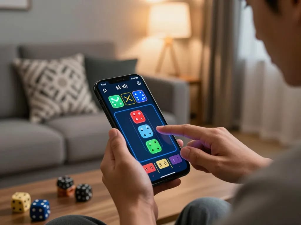 Engaged player using a mobile device for tài xỉu online gaming in a modern home