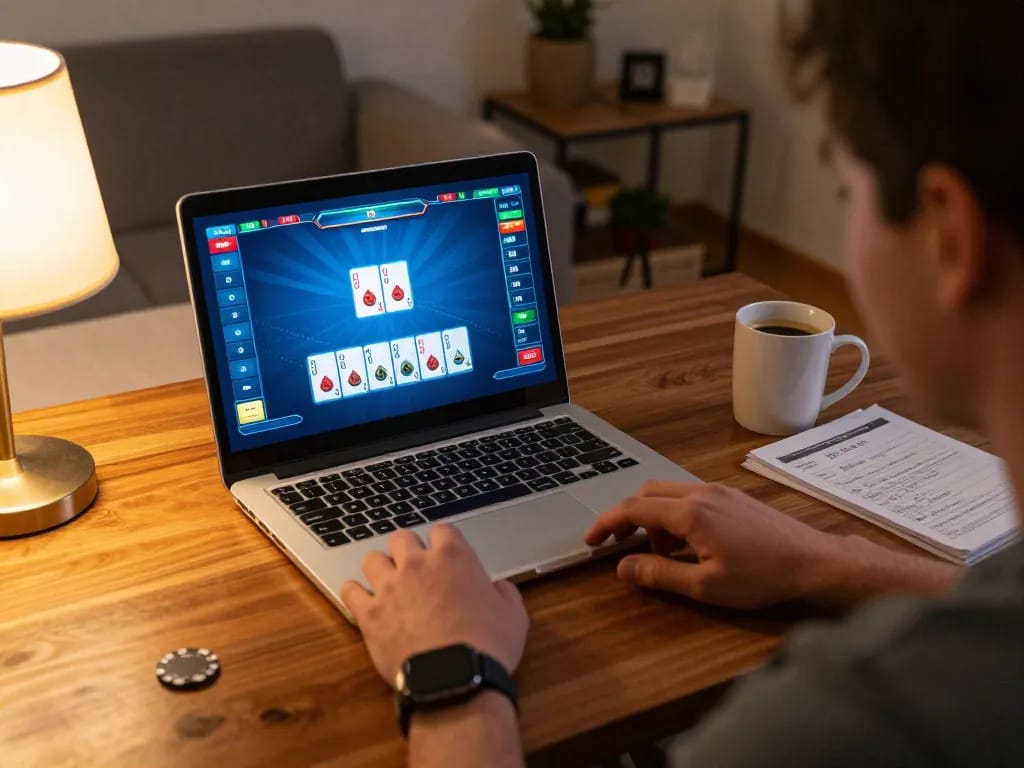 Engaging online poker session with 78WINCOM on laptop showcasing strategic betting decisions.