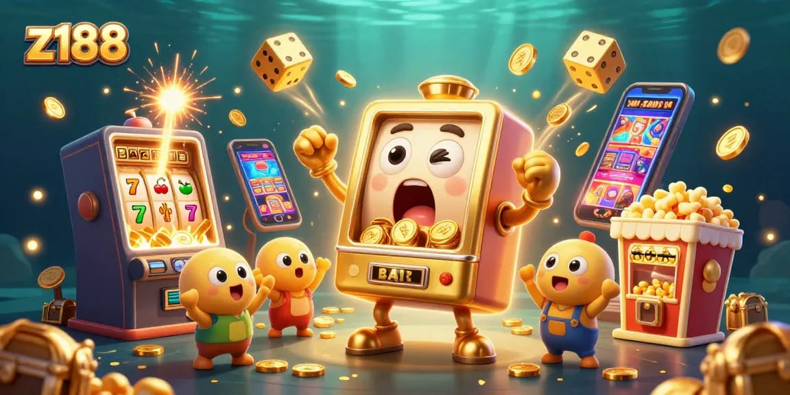 z188 slot machine celebrating a jackpot win with coins flowing and cheering companions.