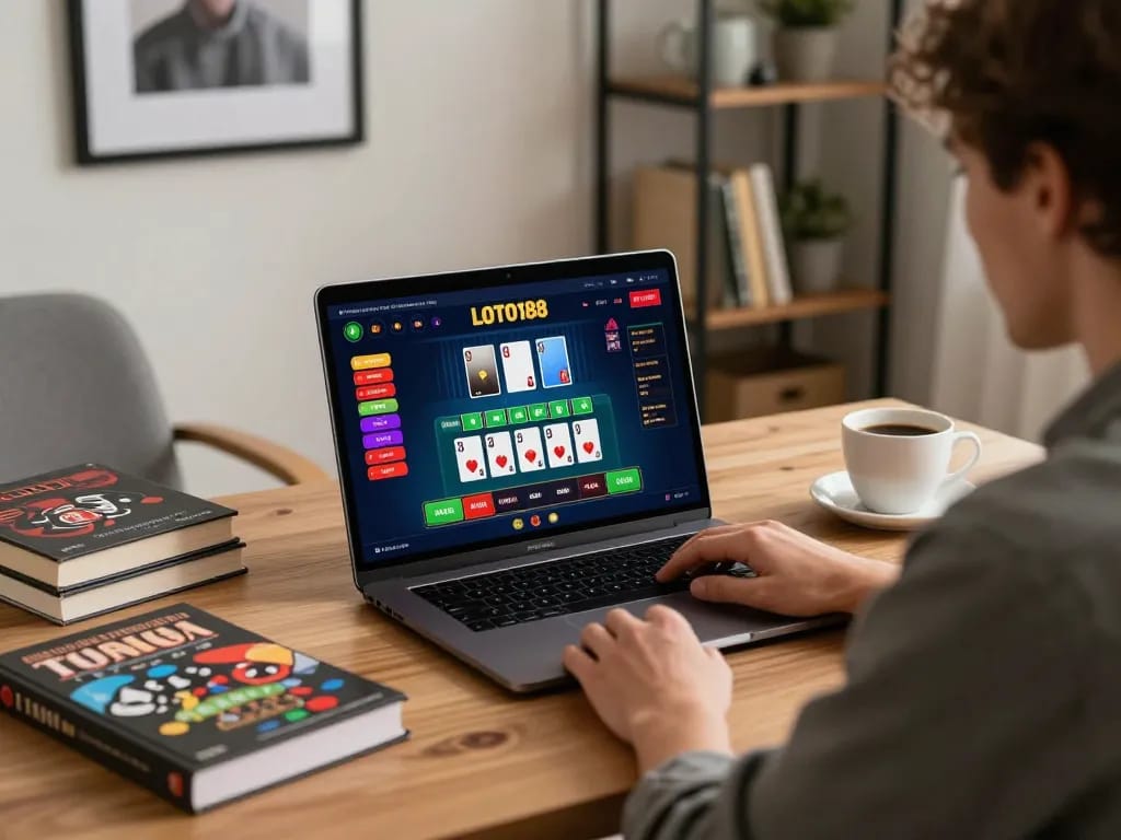 Engaging in LOTO188 live dealer game from the comfort of home, showcasing strategic gambling.