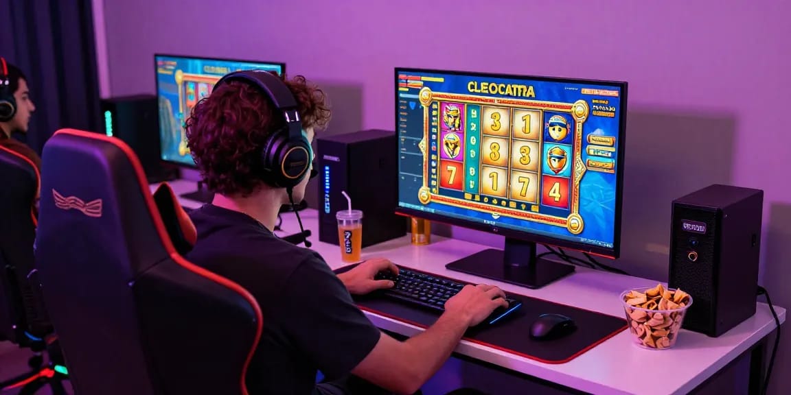 Engaging gamer playing Cleocatra slot on a colorful computer setup