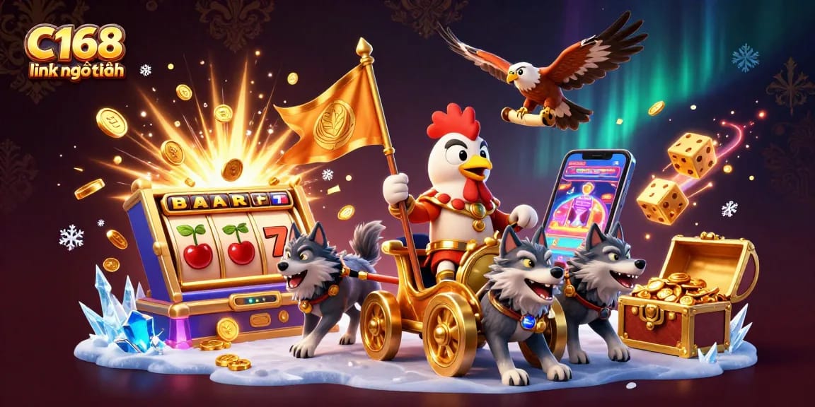 C168 link mới nhất showcases a dynamic gambling scene with a rooster warlord and a golden chariot amidst casino symbols and jackpots.