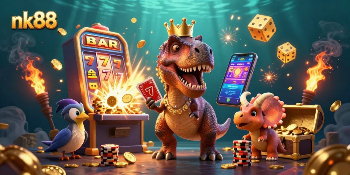 Experience thrilling gameplay with nk88, featuring a friendly T-Rex and vibrant casino elements.