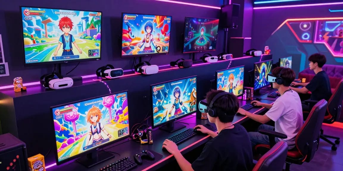 Engaged players immersed in hentaigame visuals with vibrant gaming setup