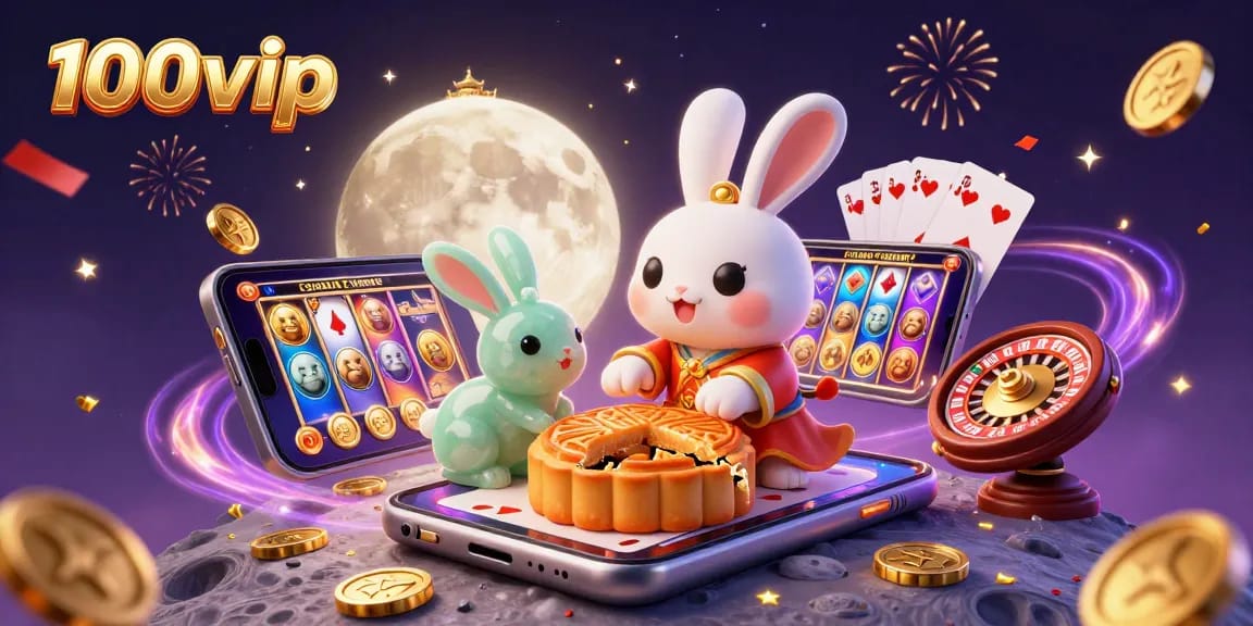 Experience the vibrant world of 100vip with an illustration of a moon rabbit and gaming icons illuminating the casino scene.