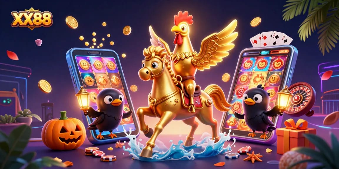 Engage in exciting action at XX88 Casino with a vibrant scene featuring a golden rooster and lantern-carrying crows.