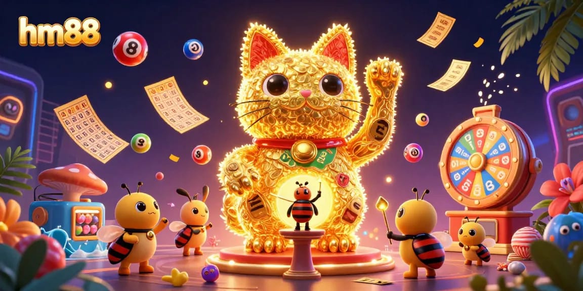 Experience the excitement of hm88 with dynamic casino symbols and golden elements in this vibrant illustration.