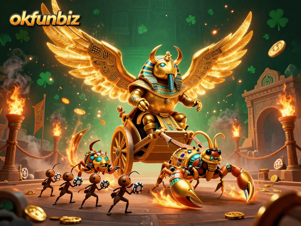 Engage with the thrilling atmosphere of OKFUN's online gaming scene featuring vibrant characters and dynamic gambling elements.