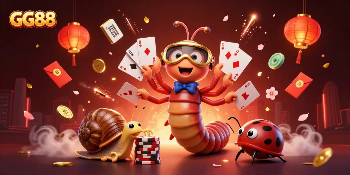 Engage with GG88's vibrant casino scene featuring a millipede dealer and high-roller snail.