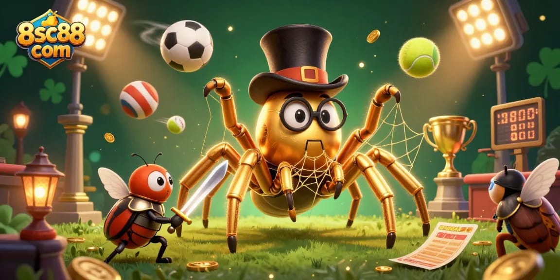 Explore vibrant gaming action at 8sc88 com with a dynamic scene of quirky casino characters and betting elements.