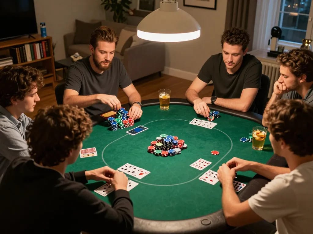 Engaging moment of a home poker night where friends play game bài đổi thưởng with vibrant chips and tense cards.