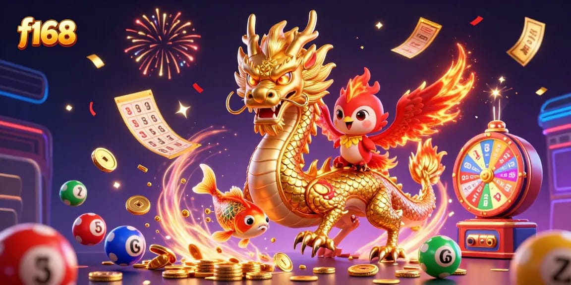 Play the lottery with f168 and win thrilling prizes in a vibrant casino illustration.