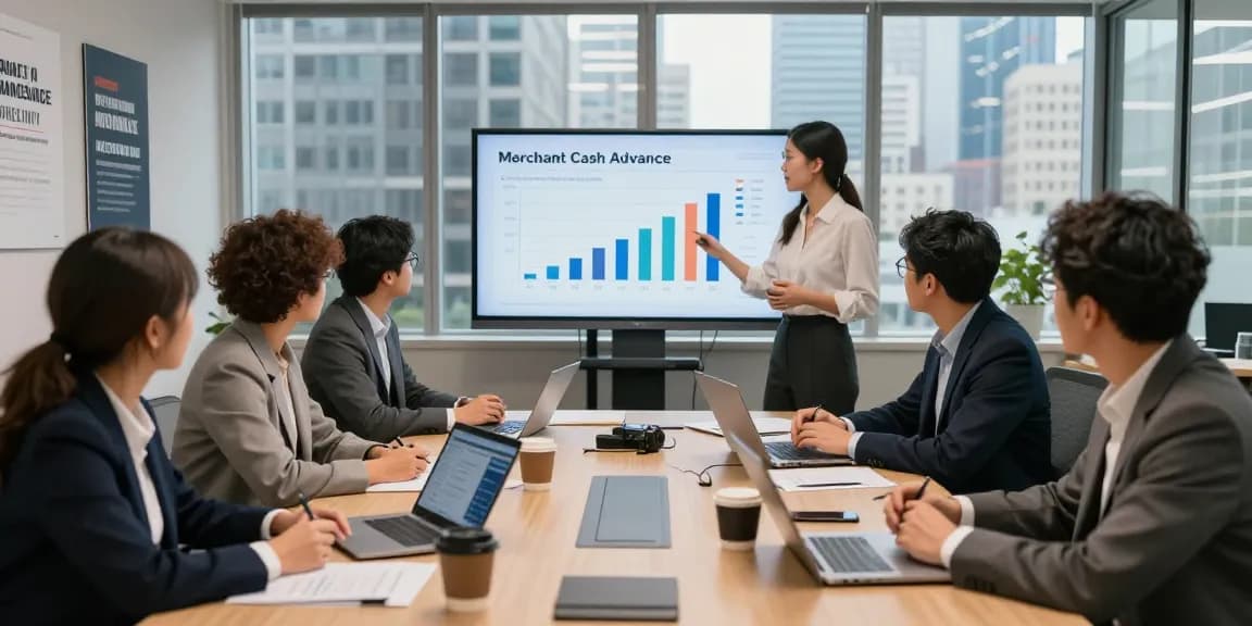 Team discussing merchant cash advance uk strategies in modern office.