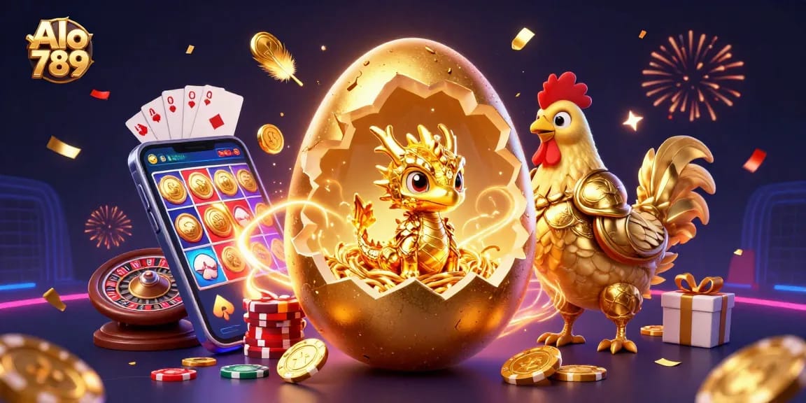 Alo 789 showcases an exciting 3D illustration featuring a golden egg and dragon in a lively casino setting.