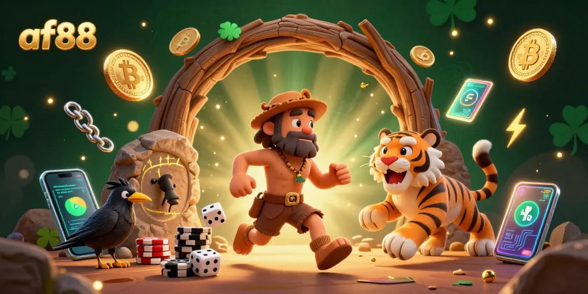 Experience the thrill of af88 with a lively prehistoric casino featuring vibrant characters and crypto elements.