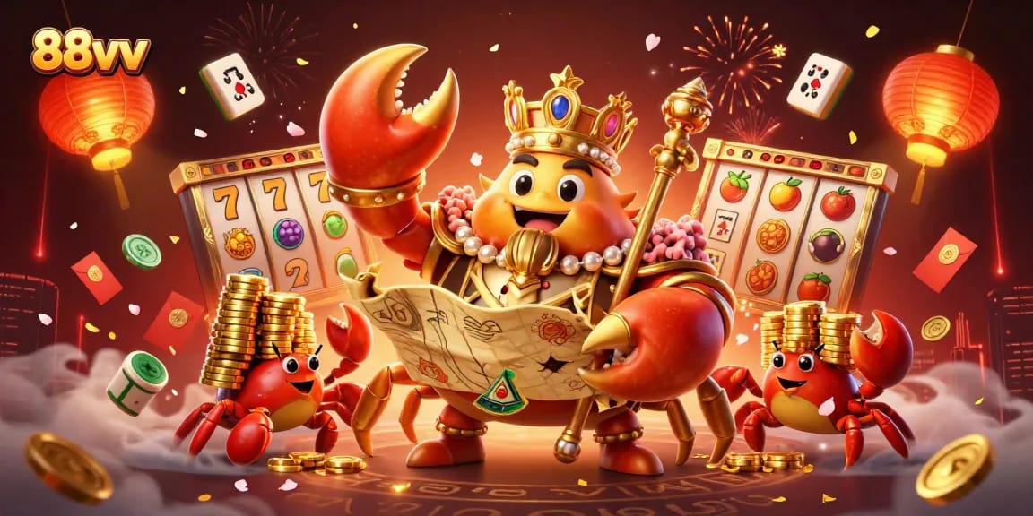 Win big with 88vv's vibrant gaming experience, featuring a golden crab emperor surrounded by lucky symbols.