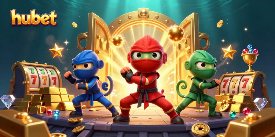 Experience thrilling hubet gaming with vibrant characters and slot reels in a dynamic casino scene.